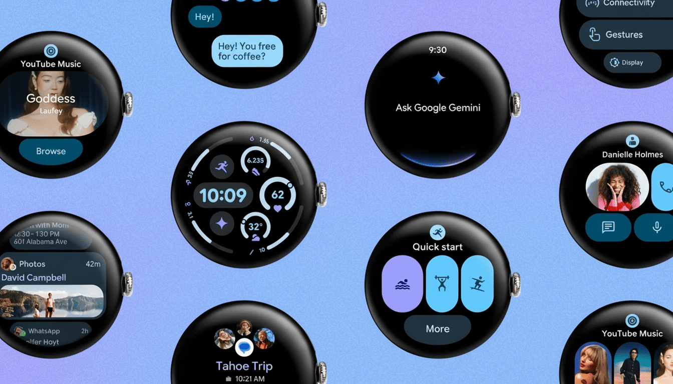 Multiple Google Pixel Watch faces displaying various apps and features, including YouTube Music, messages, fitness trackers, and Google Gemini, arrang