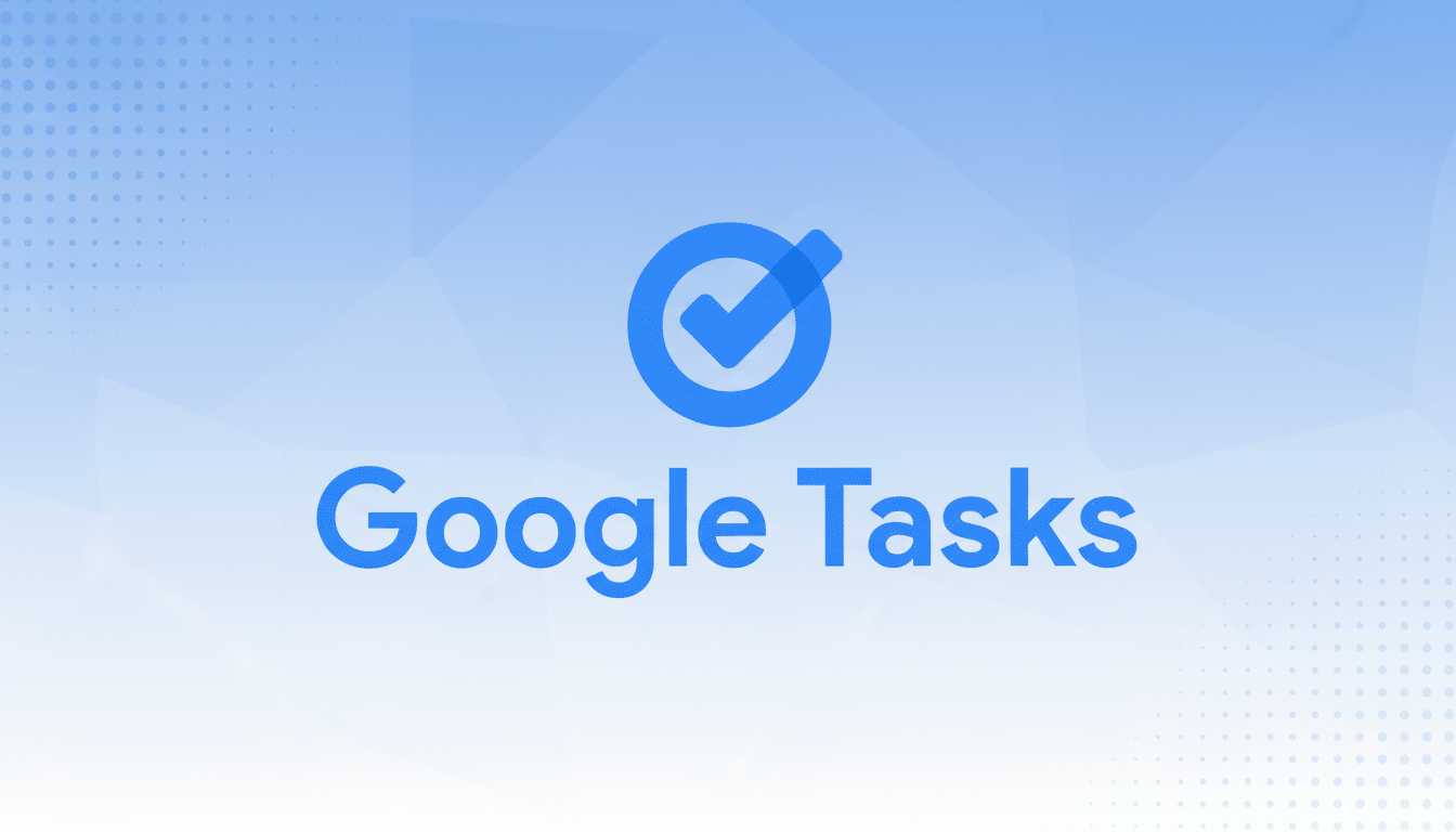 Google Tasks logo with a blue check mark icon on a soft blue gradient background with subtle geometric patterns. Filename : googletasks logoprofessional background.png