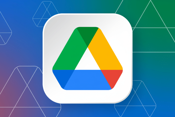 Description: Google Drive icon on a gradient background with geometric patterns.
