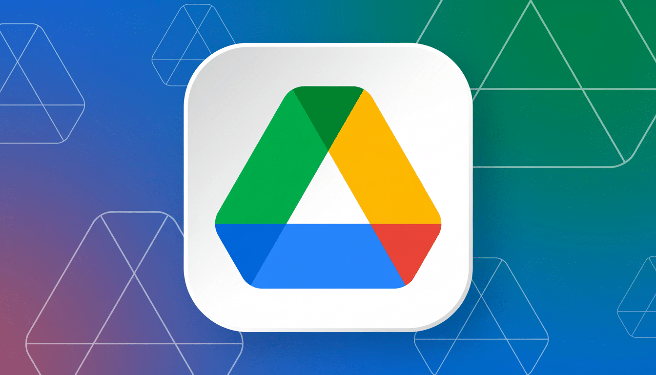 Description: Google Drive icon on a gradient background with geometric patterns.