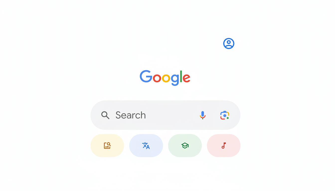 Google Search interface , featuring the Google logo, a prominent search bar, and several app shortcu
