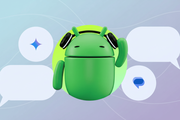 A 3D illustration of the green Android robot wearing headphones , surrounded by white and purple speech bubbles and a sparkling star icon, against a professional light blue and purple gradient background with subtle wave patterns.