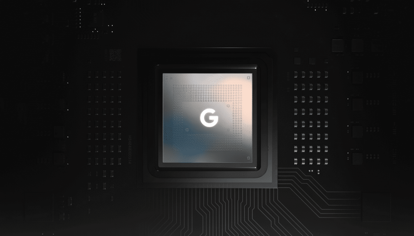A close-up, enhanced image of the Google Tensor chip. The chip is set against a dark background, highlighting its intricate design and the prominent G