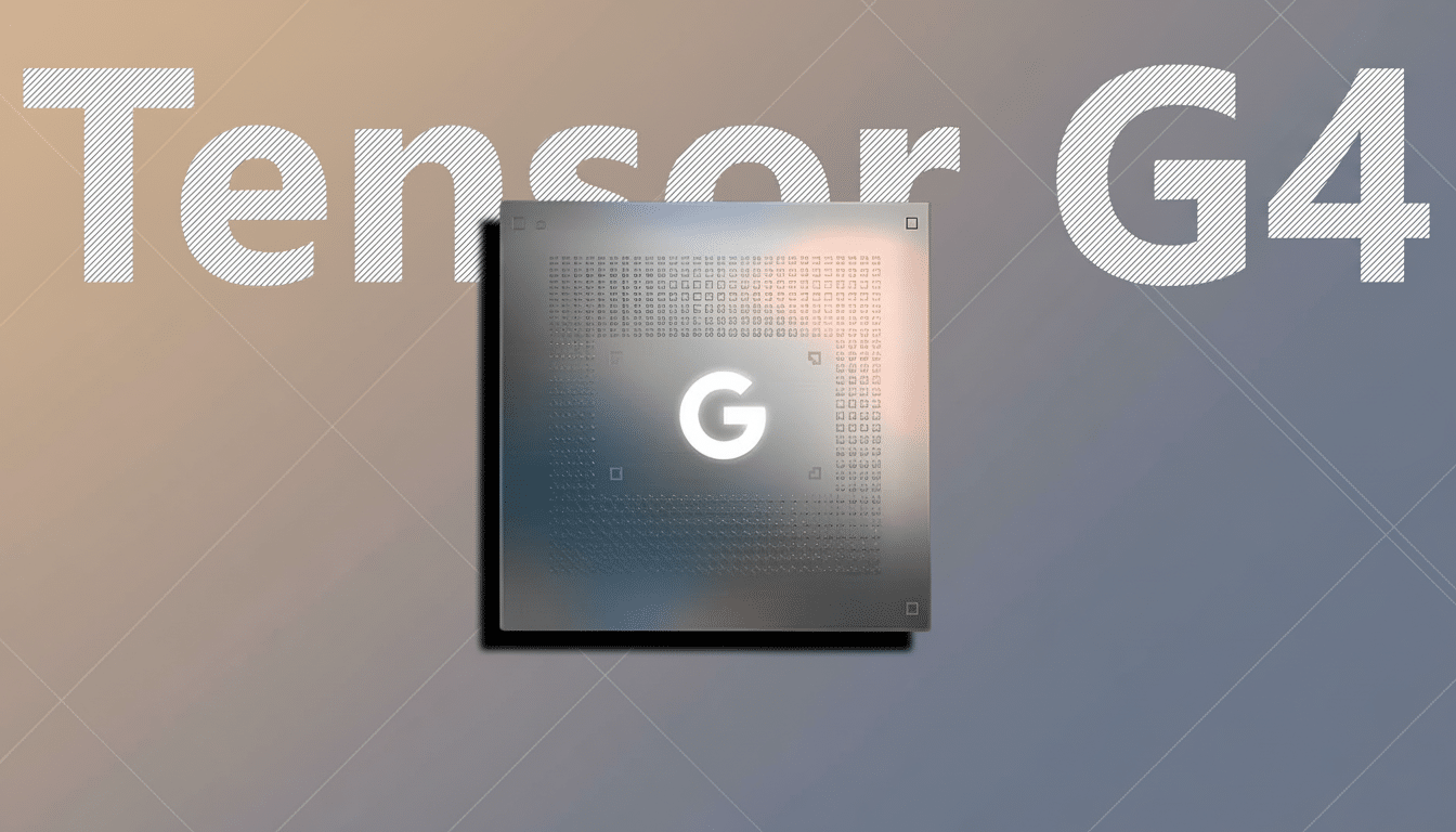 A Google Tensor G4 chip centered on a soft gradient background with the text Tensor G 4 above it .