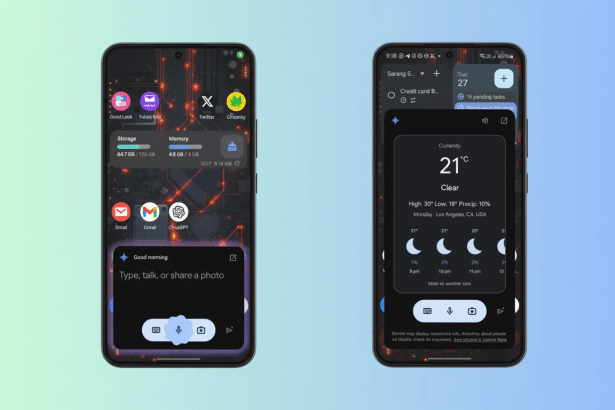Two smartphones displaying different interfaces , one showing app icons and storage information , and the other displaying weather information .