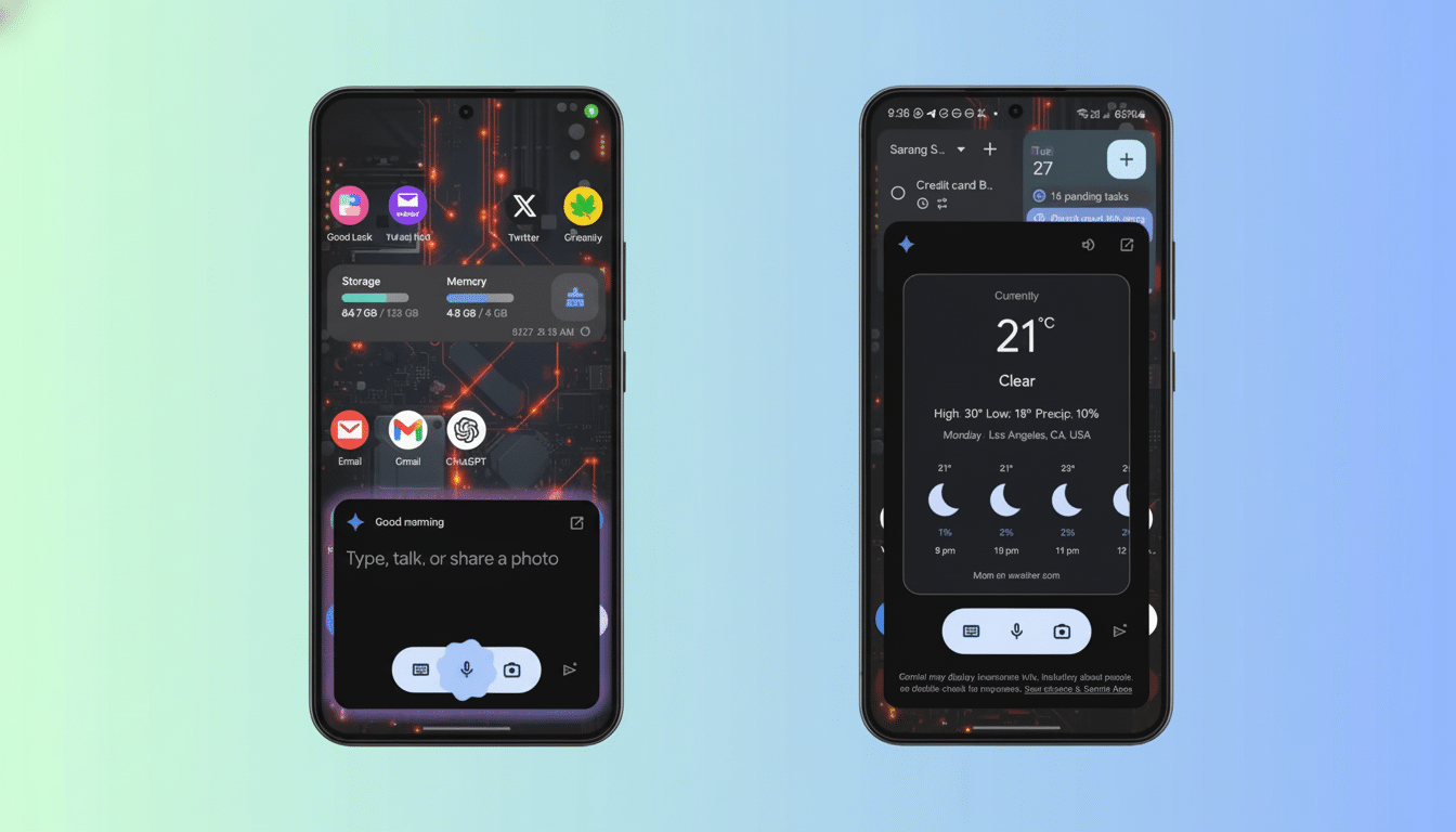 Two smartphones displaying different interfaces , one showing app icons and storage information , and the other displaying weather information .