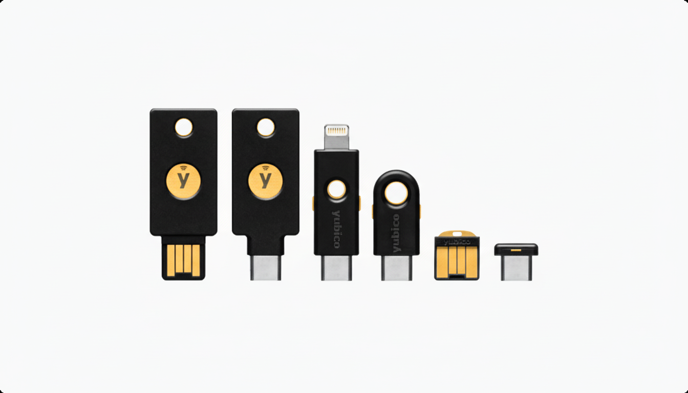 A professional image of six Yubico security keys in various form factors, including USB-A, USB-C, and Lightning connectors, arranged horizontally on a clean white background.