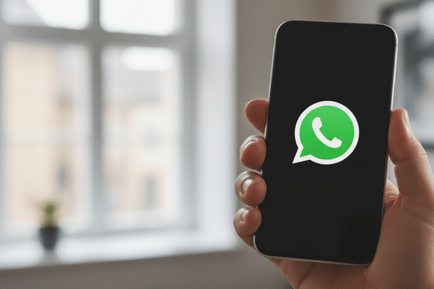 A hand holds a smartphone displaying the WhatsApp logo on its screen, with a window and blurred background behind it .