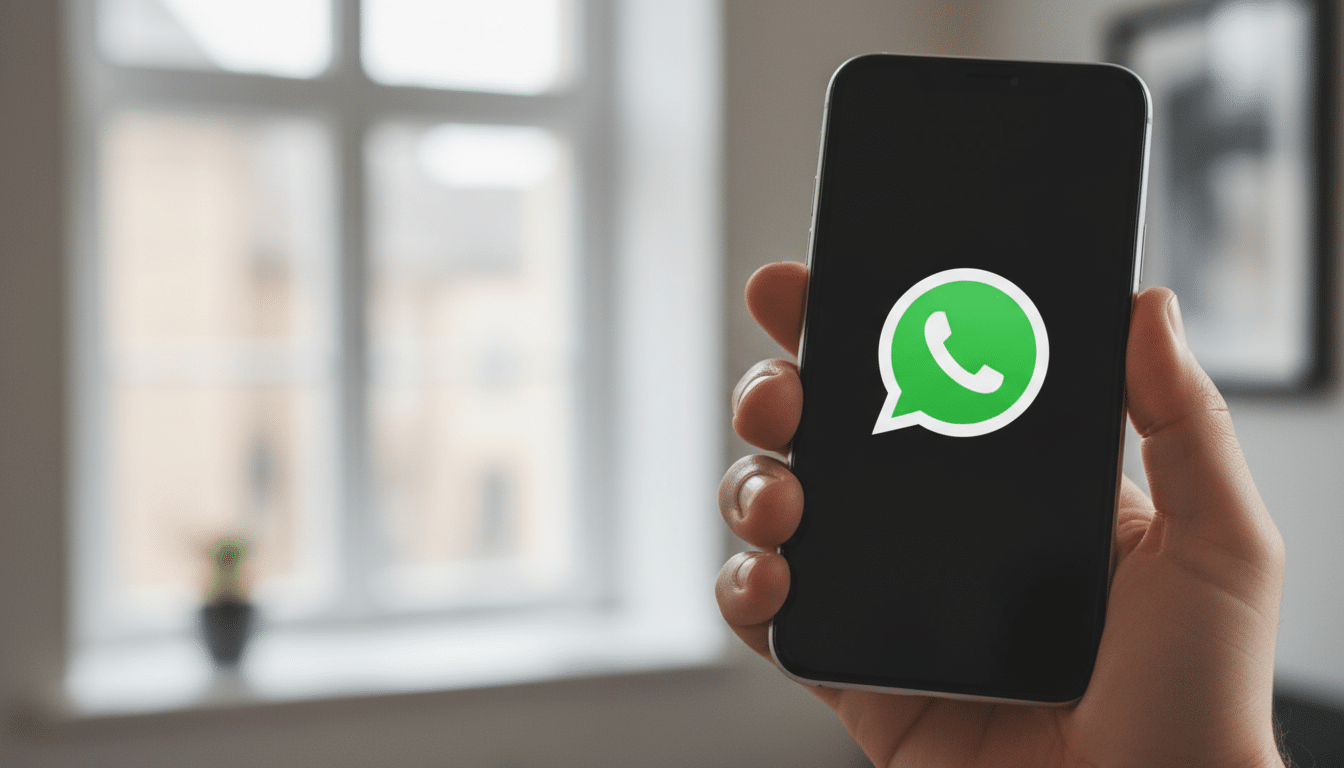 A hand holds a smartphone displaying the WhatsApp logo on its screen, with a window and blurred background behind it .