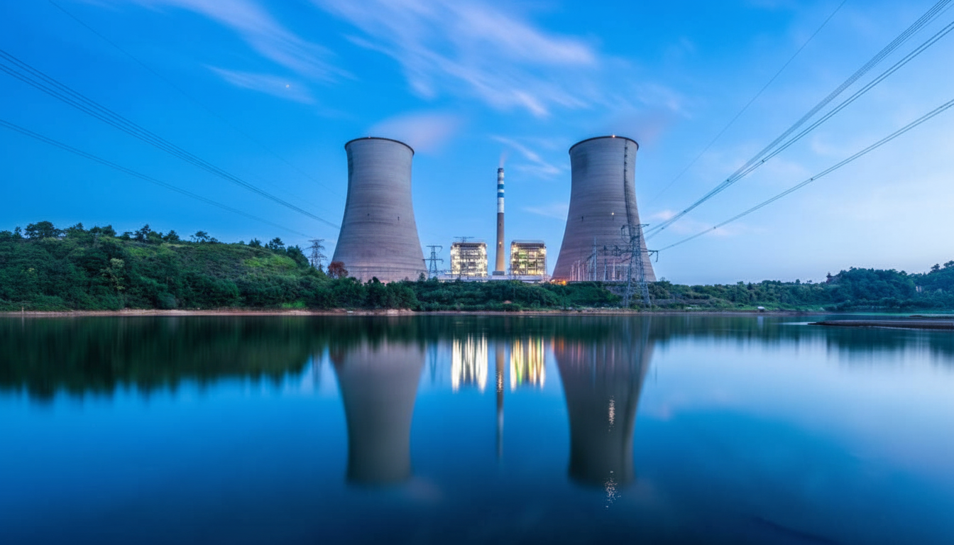 A nuclear power plant with two large cooling towers reflected in the calm water of a lake under a blue sky.