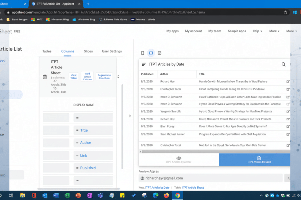 Screenshot of the AppSheet interface showing an application being built. The left panel has navigation options like Info, Data, and UX. The main conte