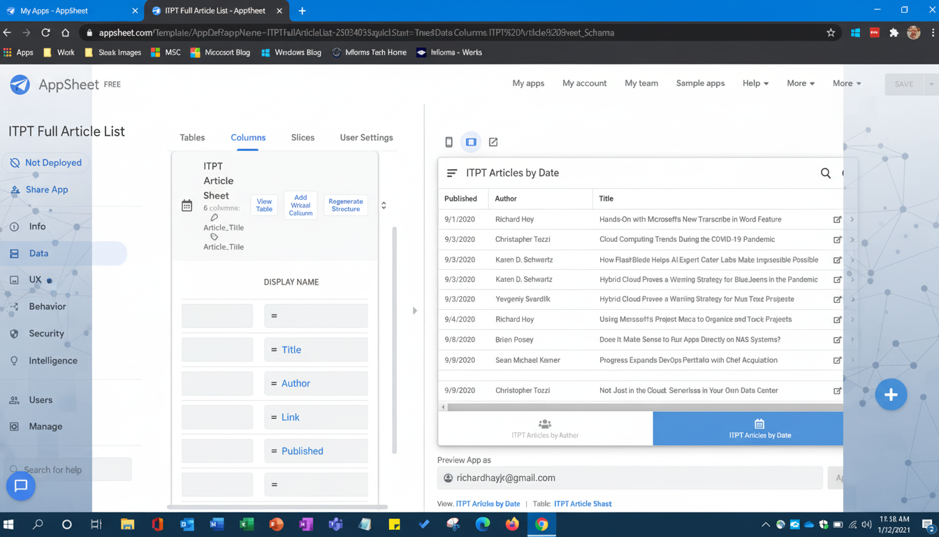 Screenshot of the AppSheet interface showing an application being built. The left panel has navigation options like Info, Data, and UX. The main conte