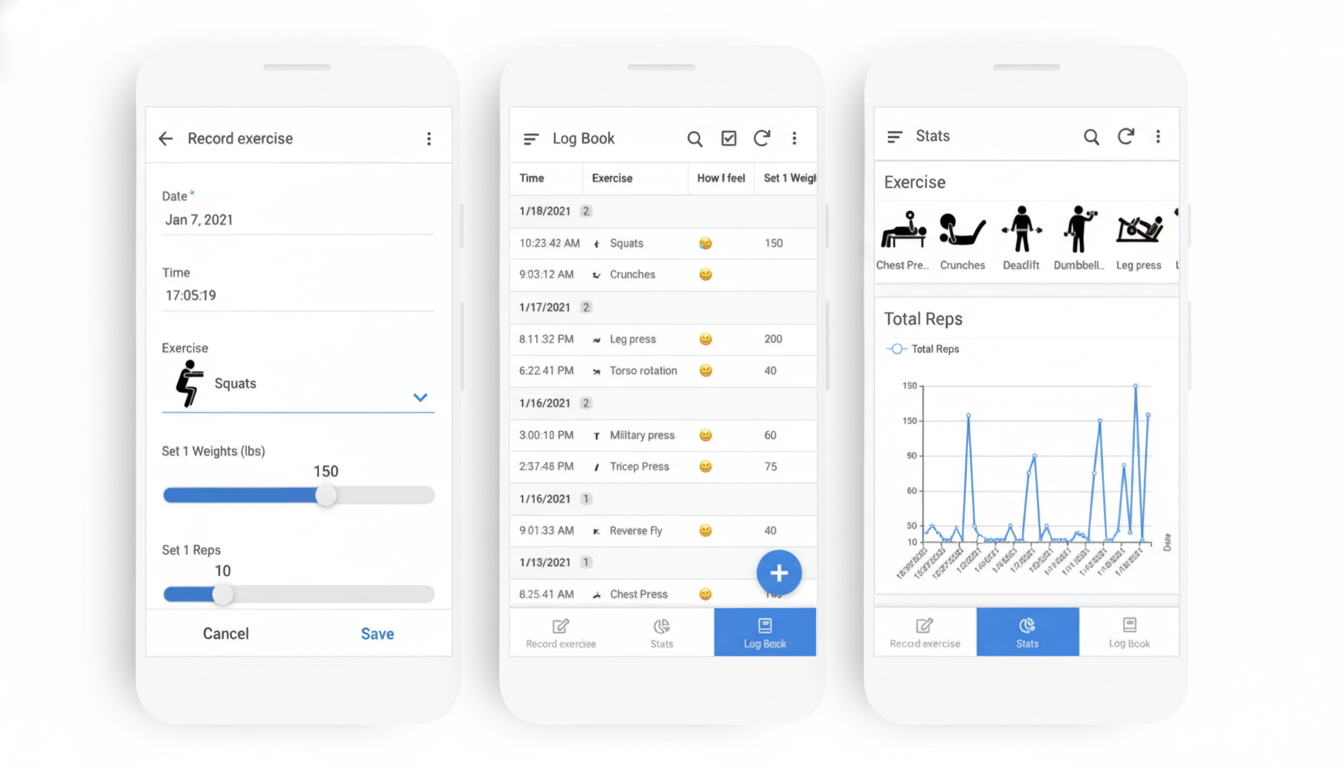 A professional, enhanced image of three mobile phone screens displaying a workout tracking app. The screens show interfaces for recording exercises, a