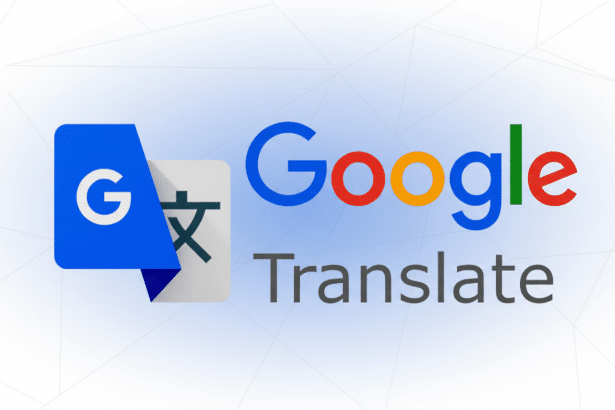 The Google Translate logo and word mark on a professional, soft gray background with subtle geometric patterns.