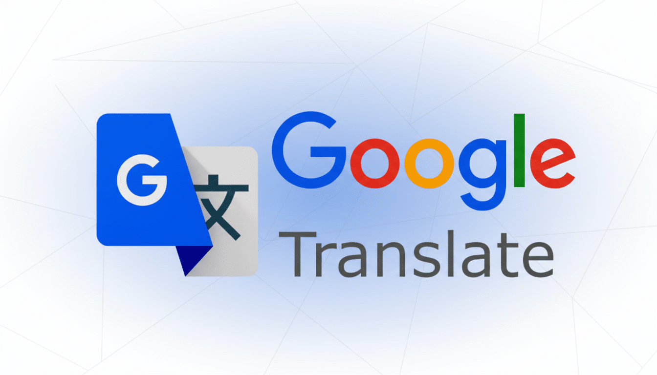 The Google Translate logo and word mark on a professional, soft gray background with subtle geometric patterns.