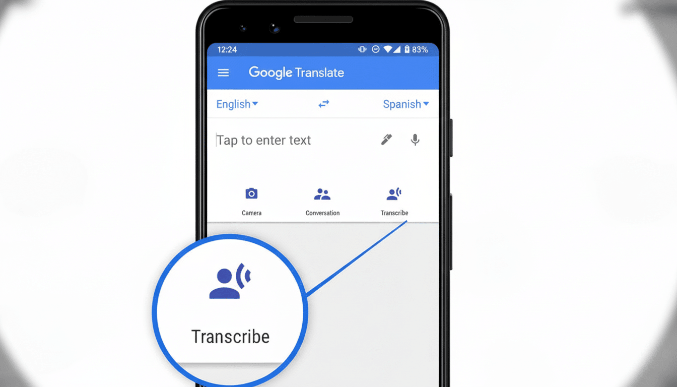 ** Google Translate app displaying the ' Transcribe' feature highlighted with a blue circle and line . **Filename :** googletranslate transcribe feature.png