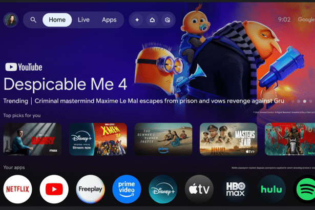 A 16:9 aspect ratio image of a Google TV interface displaying Despicable Me 4 with various app icons at the bottom .