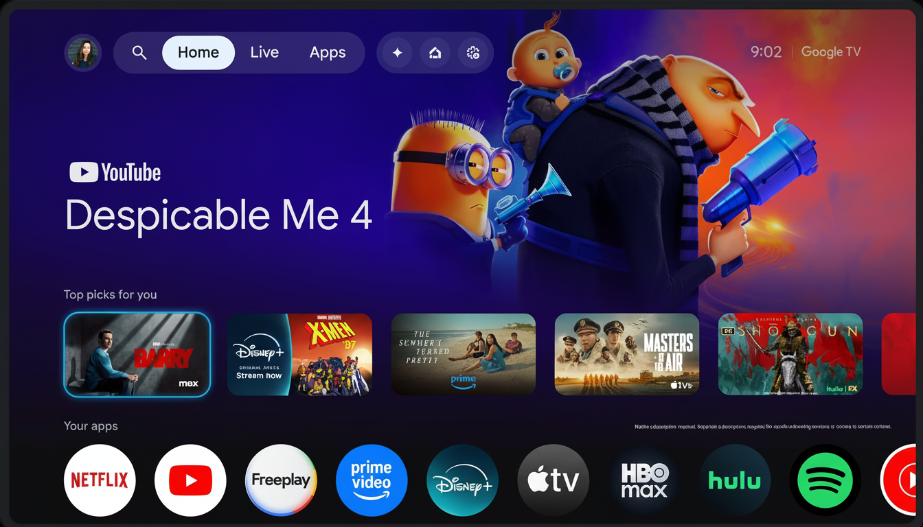 A television screen displaying the Google TV interface with Despicable Me 4 featured prominently, surrounded by various streaming app icons and movie/show recommendations.