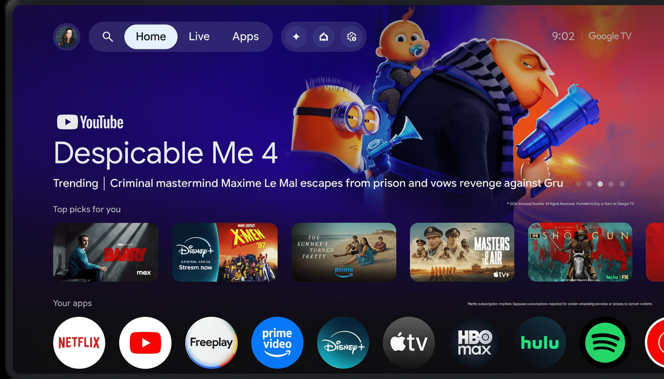 A 16:9 aspect ratio image of a smart TV home screen displaying  Despicable Me 4 as trending content, with various streaming app icons at the bottom.