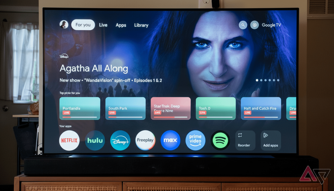 A smart TV displaying the Google TV interface with Agatha All Along highlighted , featuring Kathryn Hahn 's character from Wanda Vision. The screen shows various streaming apps like Netflix, Hulu , Disney+, and Prime Video. Filename : googletv interfaceag athaall along.png