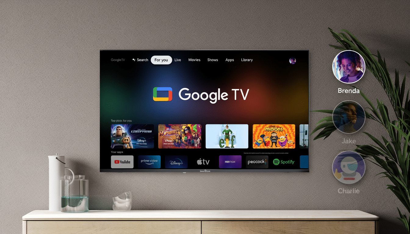 A Google TV interface on a wall- mounted television , with user profiles for Brenda, Jake, and Charlie displayed on the right side .