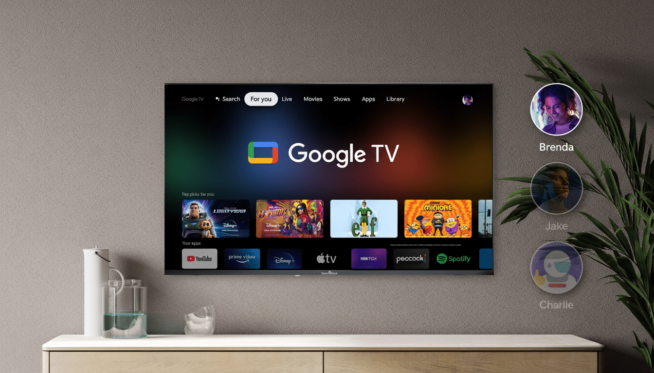 A Google TV interface on a television screen, with user profiles for Brenda, Jake, and Charlie displayed on the right side .