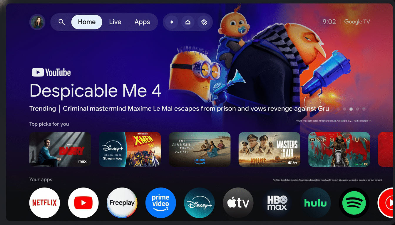 A smart TV interface displaying movie and app selections , with Despicable Me 4 highlighted , alongside app icons for Netflix, YouTube, Disney +, and others at the bottom.