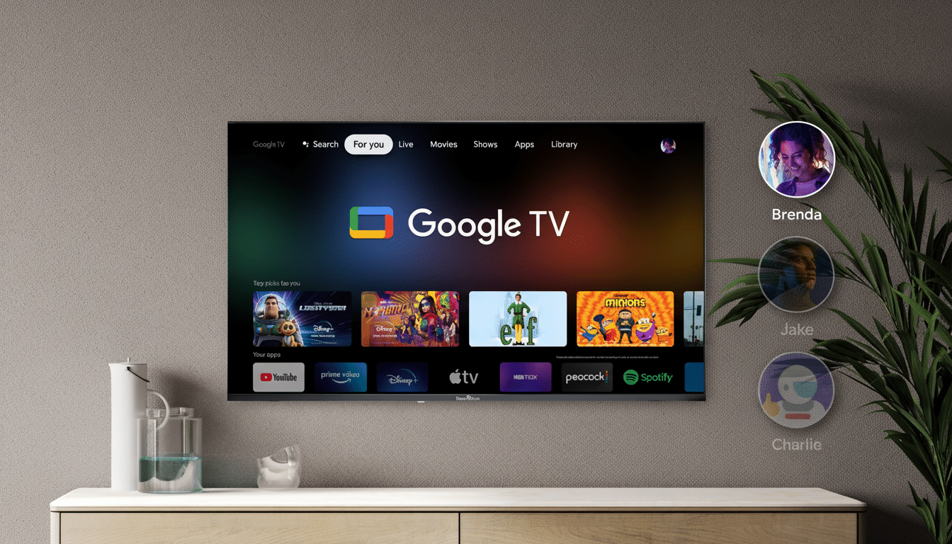 A Google TV interface on a wall- mounted television , with user profiles for Brenda, Jake , and Charlie displayed on the right, and various streaming app icons at the bottom.