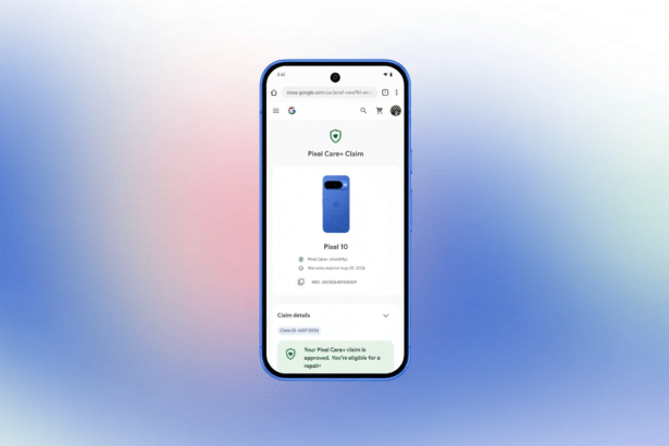 A blue Google Pixel 10 phone displaying a Pixel Care+ Claim screen , showing a blue phone case and an approved claim for repair .