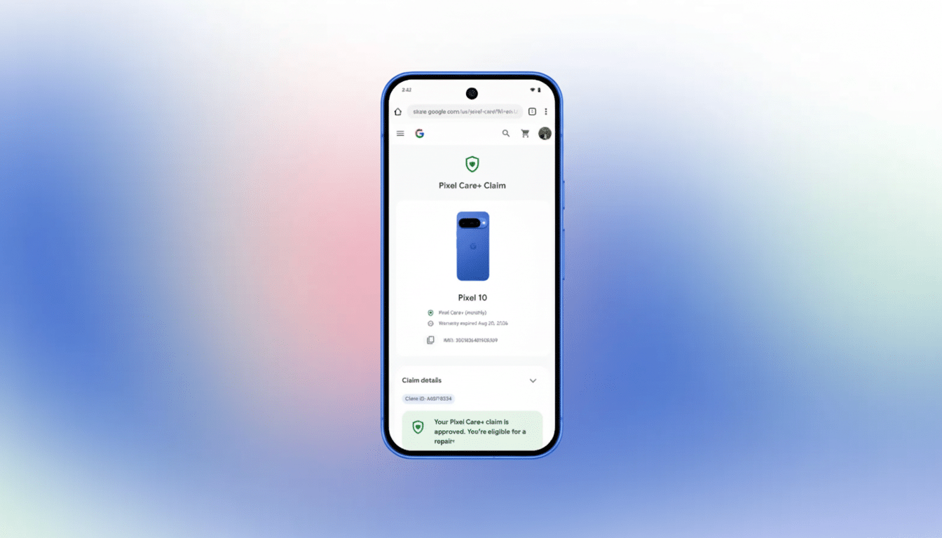 A blue Google Pixel 10 phone displaying a Pixel Care+ Claim screen , showing a blue phone case and an approved claim for repair .