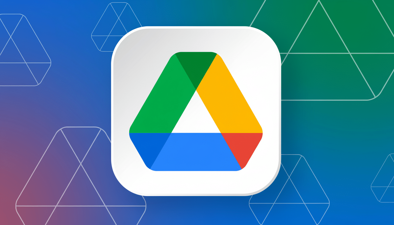 Google Drive icon on a flat design background with soft patterns and a blue - green gradient.