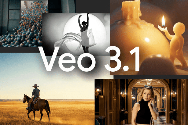 A collage of five images with the text Ve o 3. 1 overlaid in the center. The top left shows spheres being sorted , top right a dancer, middle right a candle figure, bottom left a cowboy on horseback, and bottom right a woman in a grand hall.