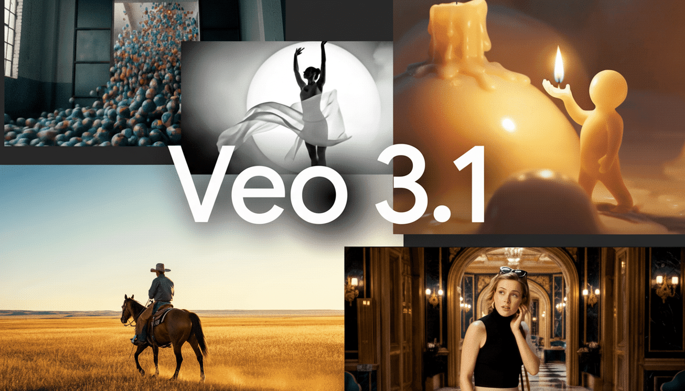 A collage of five images with the text Ve o 3. 1 overlaid in the center. The top left shows spheres being sorted , top right a dancer, middle right a candle figure, bottom left a cowboy on horseback, and bottom right a woman in a grand hall.