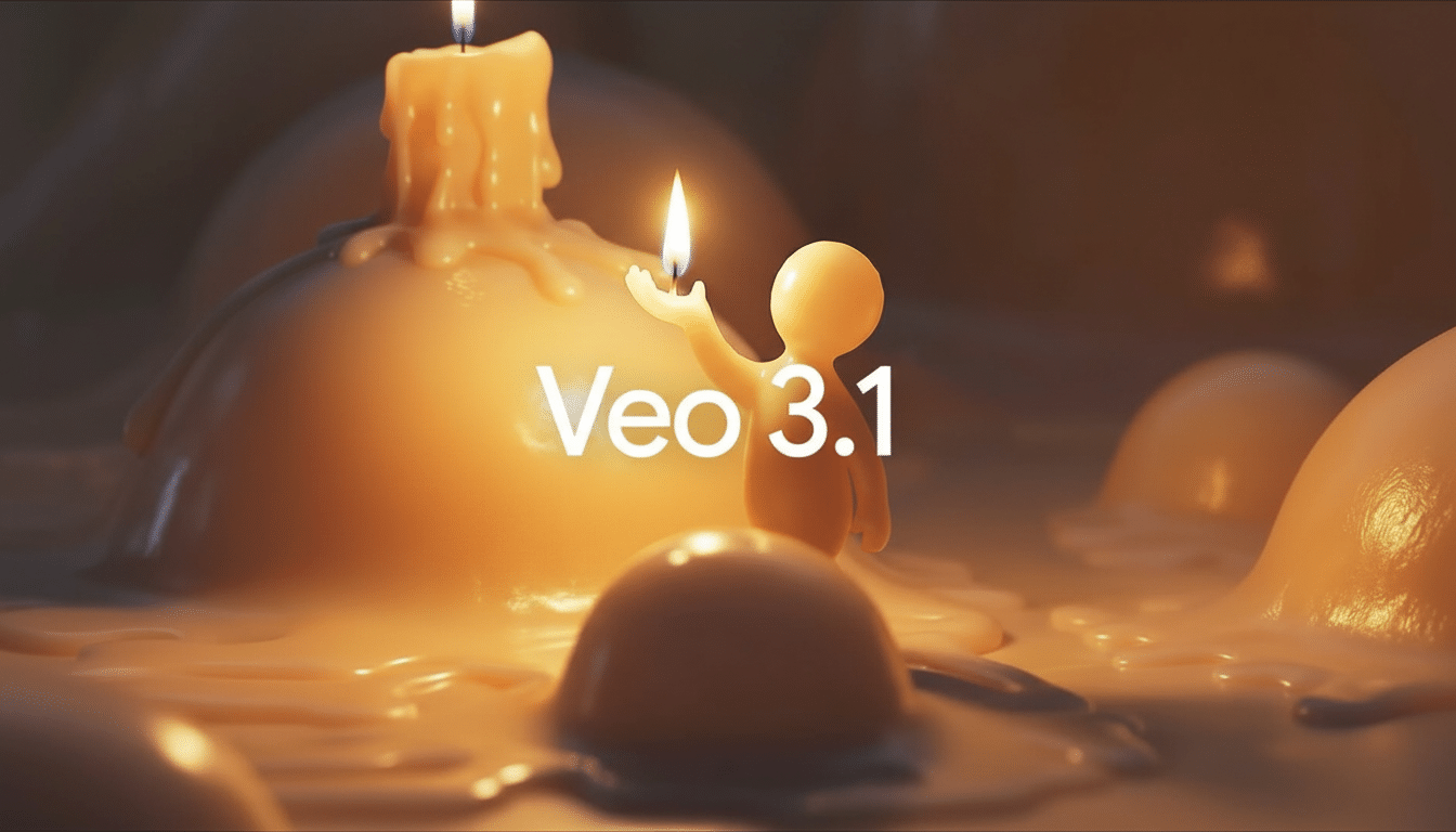A creative 3D rendering with a character holding a small flame , surrounded by melting candle wax and the text Veo 3.1 in the center. Filename : veo3 .1branding . png