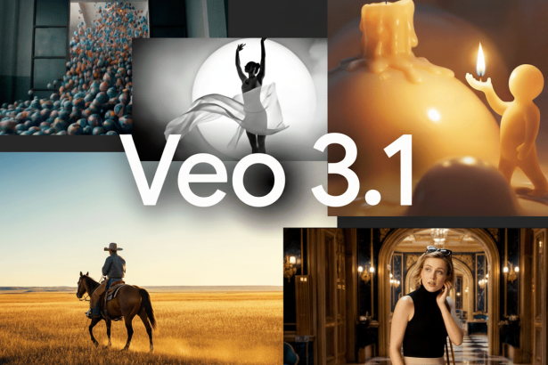 A collage of images, including a dancer, a cowboy on horseback, a woman in a grand hall , and abstract scenes , with Ve o 3. 1 text overlay, resized to a 1 6:9 aspect ratio. Filename : veo 31 collage1 69. png