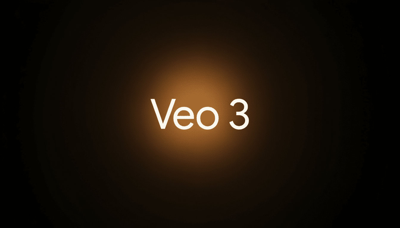 The text Veo 3 is displayed in white letters with a warm, glowing halo effect against a dark, textured background.