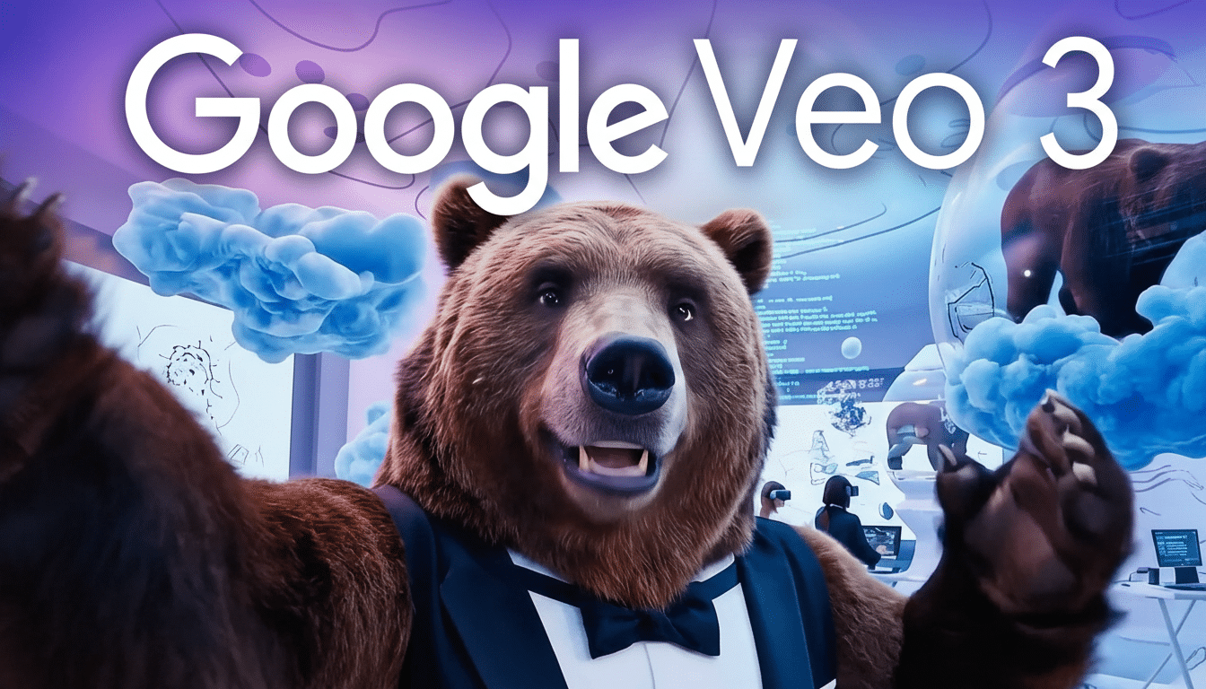 A professional image of a bear in a tuxedo in front of a futuristic background with Google Veo 3 text.