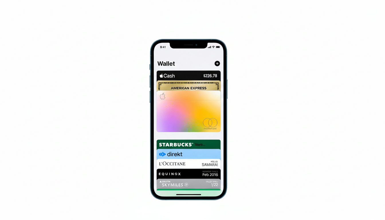 An iPhone displaying the Apple Wallet app with multiple cards and passes , including Apple Cash, American Express , a colorful Mastercard, Starbucks, Direkt, L'Occit ane, Equinox , and Delta Sky Miles. Filename : iphoneapple walletapp . png