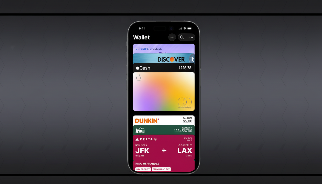 A professional, enhanced image of an iPhone displaying the Apple Wallet app with various cards and passes, resized to a 16:9 aspect ratio with a subtle dark patterned background.