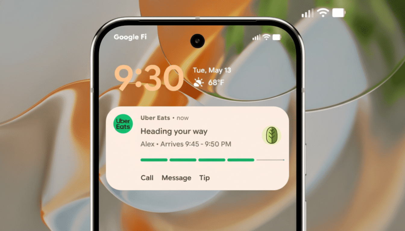A smartphone screen showing a notification from Uber Eats that says Heading your way and Alex • Arrives 9 :45 - 9:5 0 PM. The phone ' s dynamic island is visible at the top, along with the time 9:30 and weather information. Filename : ubere atsnotification 169 . png
