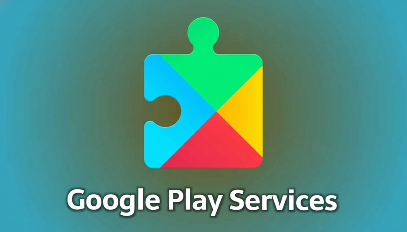 The Google Play Services logo , depicted as a colorful puzzle piece, against a subtly textured, dark teal to light blue gradient background, with  Google Play Services text in white below it , presented in a 1 6:9 aspect ratio. Filename : googleplay serviceslogo 16 9. png