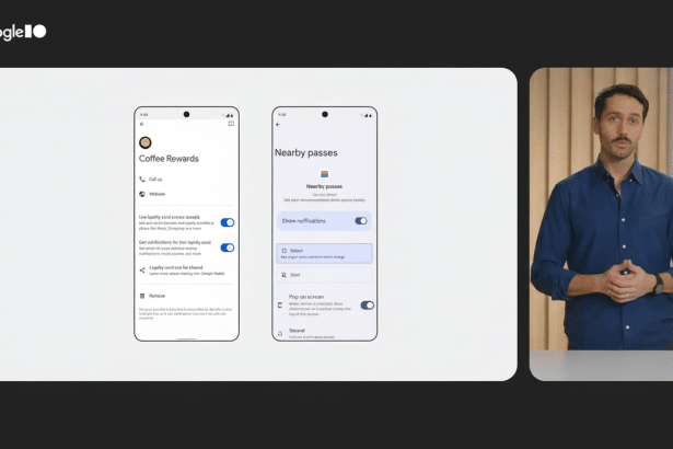 A man in a blue shirt standing next to two smartphone screens displaying Google Wallet features for coffee rewards and nearby passes.
