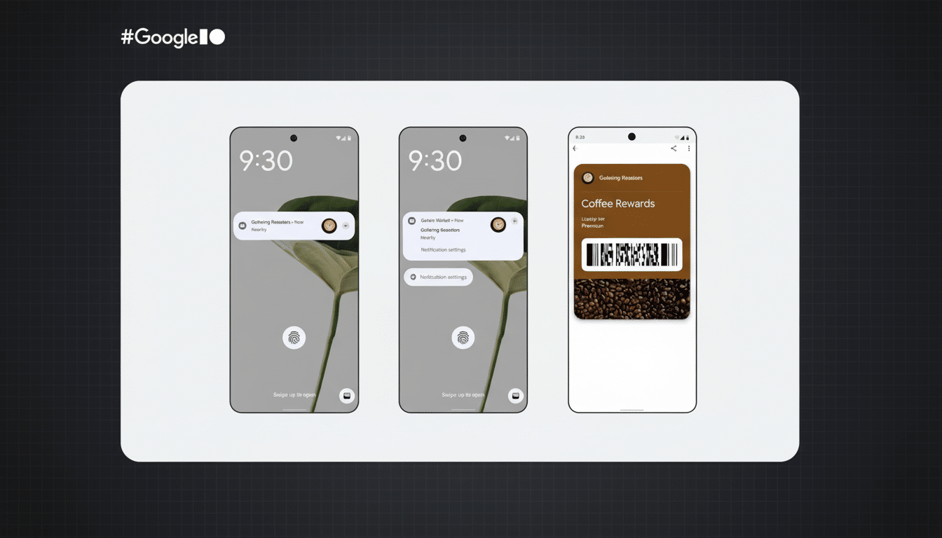A 16:9 aspect ratio image showing three mobile phone screens demonstrating Google Wallet features, including notifications for a coffee roaster and a digital coffee rewards card. The background is a professional flat design with a dark gray grid pattern.