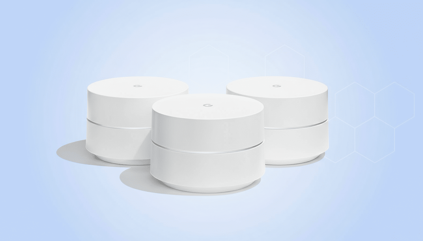 Three white Google Wifi pucks are arranged in a triangular formation against a soft blue background with subtle , light blue hexagonal patterns.