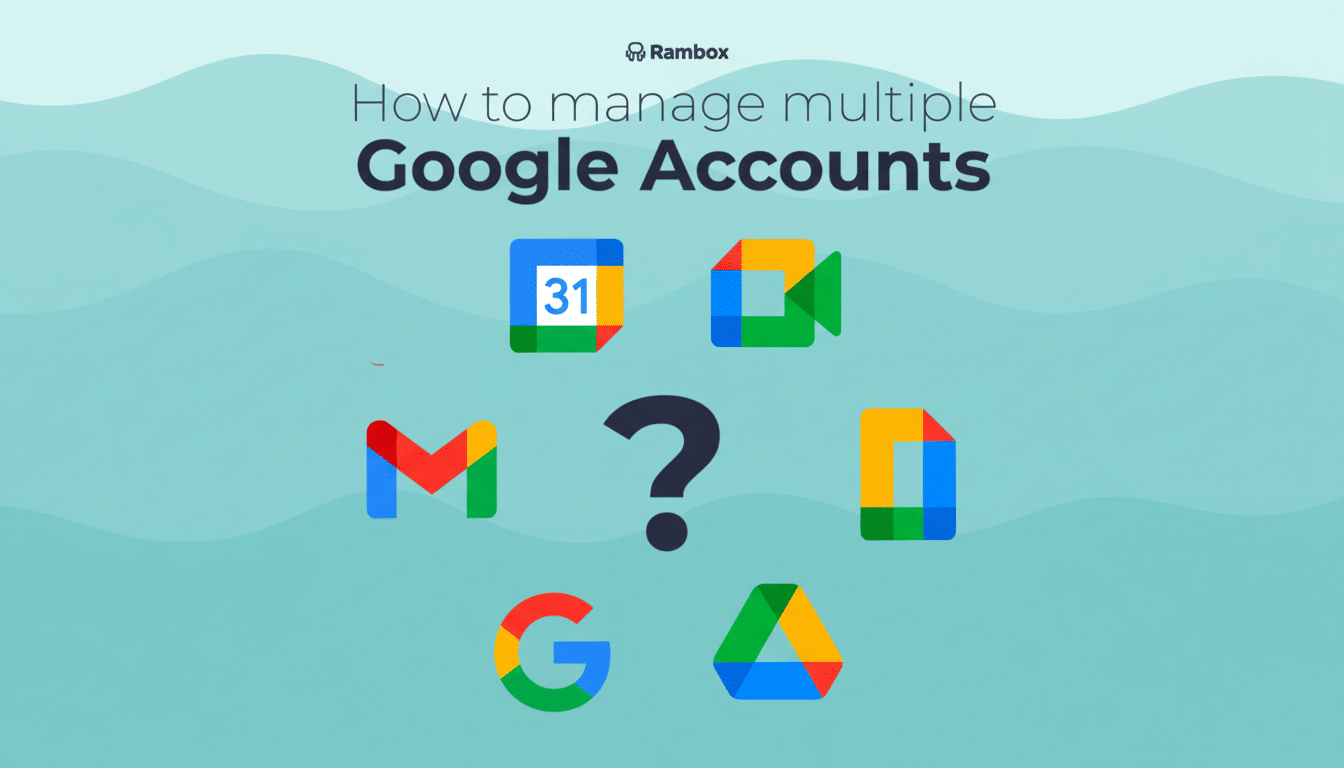 An image from Ramb ox about managing multiple Google accounts, featuring various Google service icons (Calendar , Meet , Gmail, Docs , Drive, and the Google logo) arranged around a question mark on a wavy blue background, resized to a 16: 9 aspect ratio.