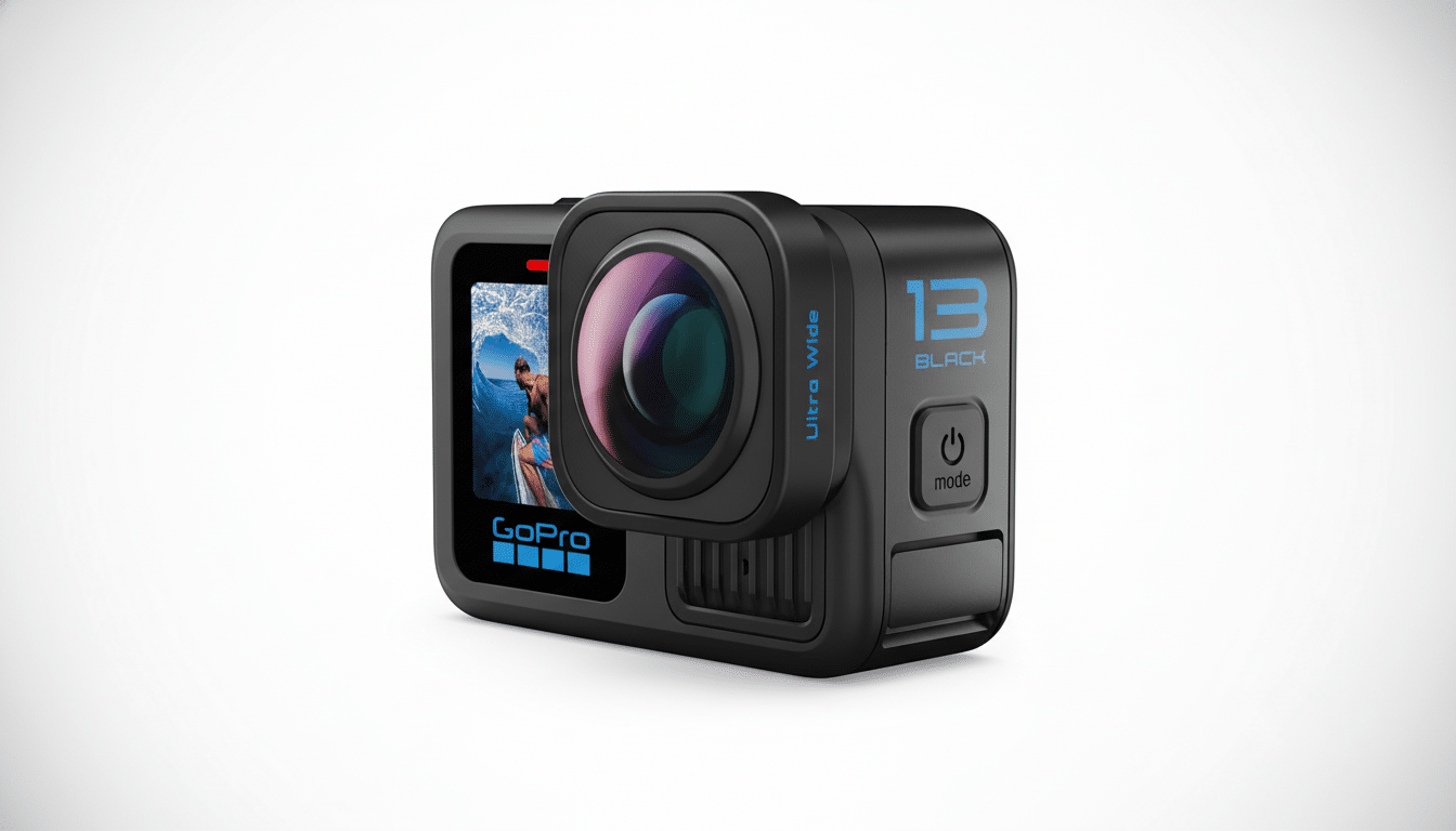 A professional , enhanced image of a black GoPro camera, model 13 Black , with  Ultra Wide text on its side and a display showing a surfer on a wave. The camera is presented against a clean white background.