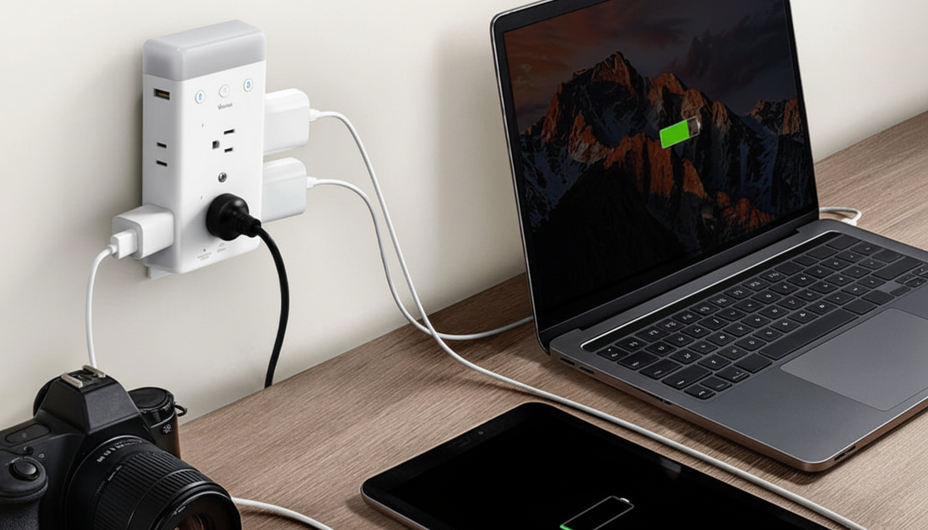A white power strip with multiple outlets and USB ports is plugged into a wall, charging a laptop, a tablet, and a camera on a wooden desk.