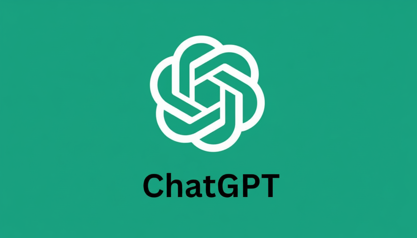 The ChatGPT logo, a white abstract design resembling a knot or flower, centered above the text ChatGPT in black, all set against a solid teal background.