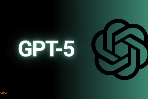 A professional - looking image with GPT-5 in white, glowing text next to a black, intertwined knot - like logo on a dark background that transitions from black to a teal gradient. The igmGuru logo is in the bottom left corner .