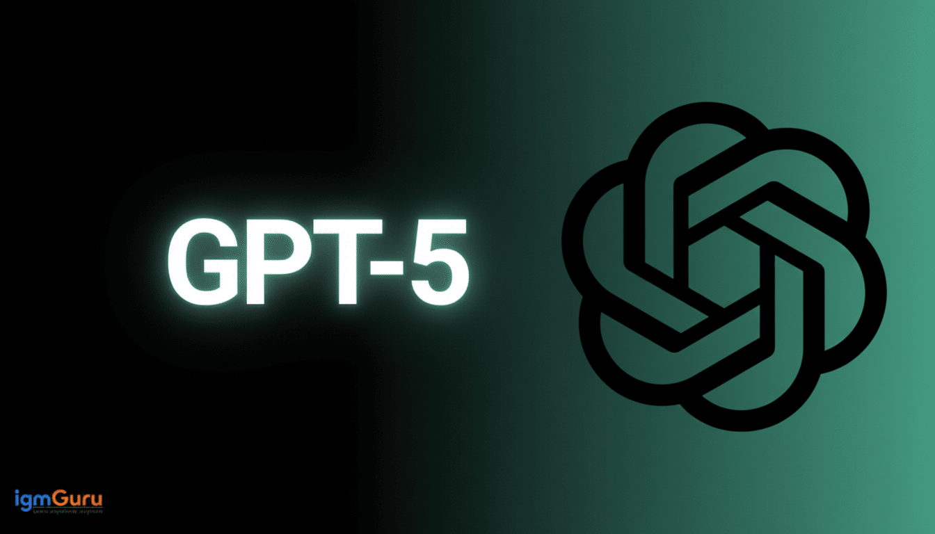A professional - looking image with GPT-5 in white, glowing text next to a black, intertwined knot - like logo on a dark background that transitions from black to a teal gradient. The igmGuru logo is in the bottom left corner .